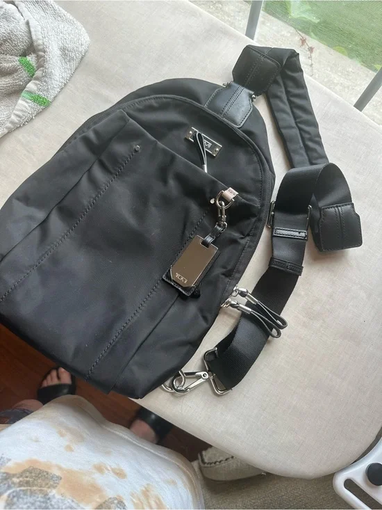 Tumi Black Sling Belt Bag with Metal ID Tag