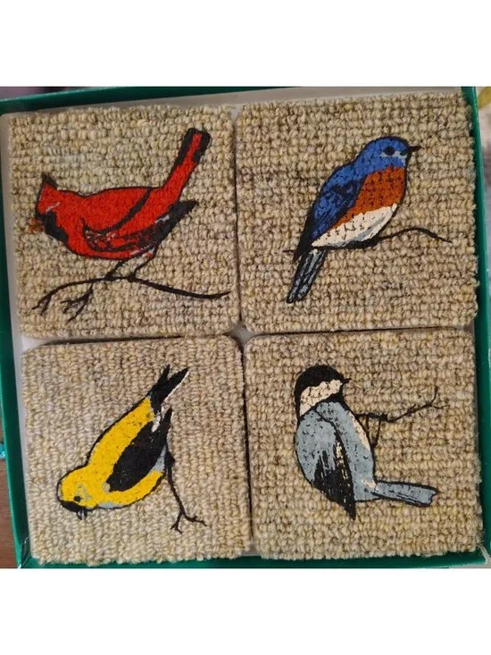 Vintage Set of 8 Carpet Square Coasters, Birds, Cardinal Blue Yellow Bird, Finch