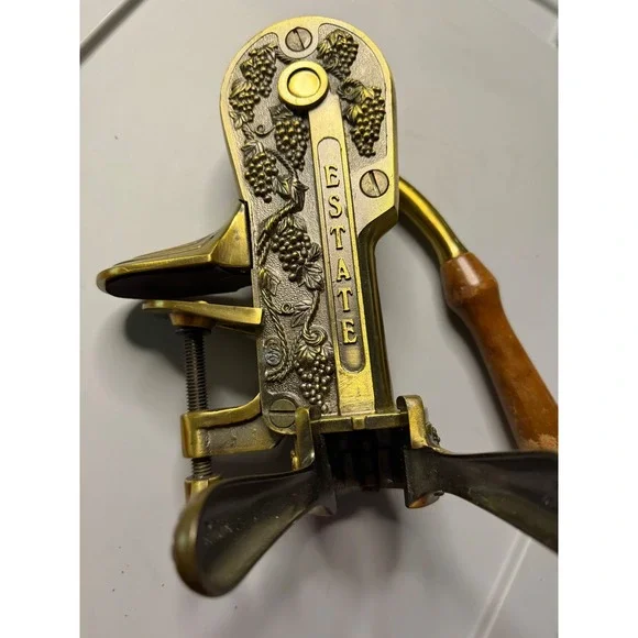 Estate Wine‎ Opener Brass Countertop Bar Mount Corkscrew Grape Motif Vintage