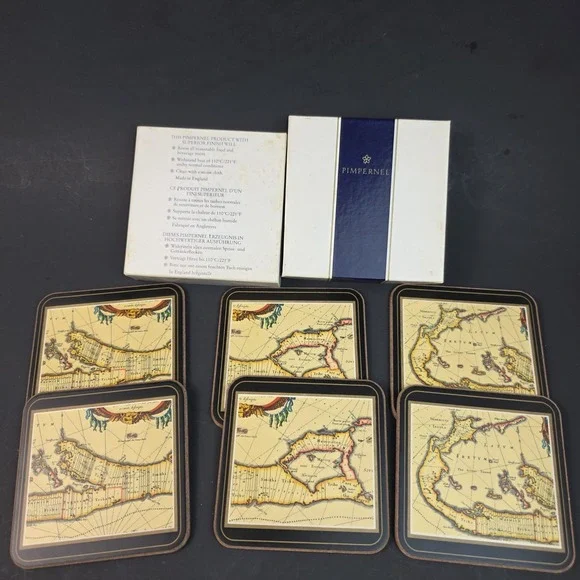 Pimpernel Bermuda Map Coasters Set of 6 Vintage Nautical Decor Made in England