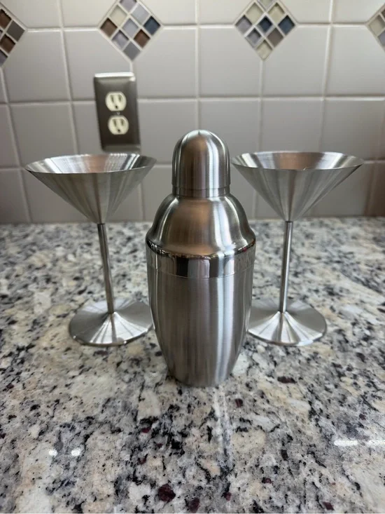 Stainless Steel Cocktail Shaker and Martini Glass Set - Silver