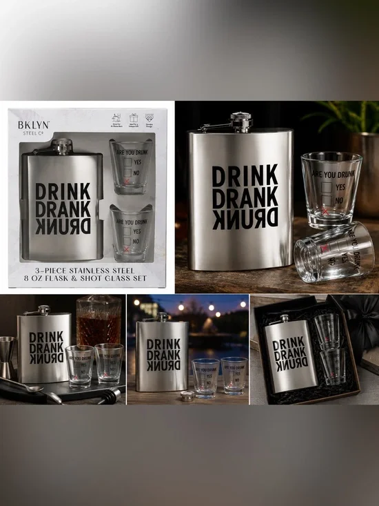 BKLYN Steel Co. Stainless Steel Hip Flask & Shot Glass Set - Silver