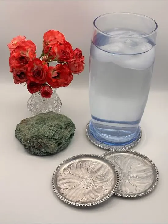 Set of 10 Vintage Floral Embossed Aluminum Metal Drink Coasters