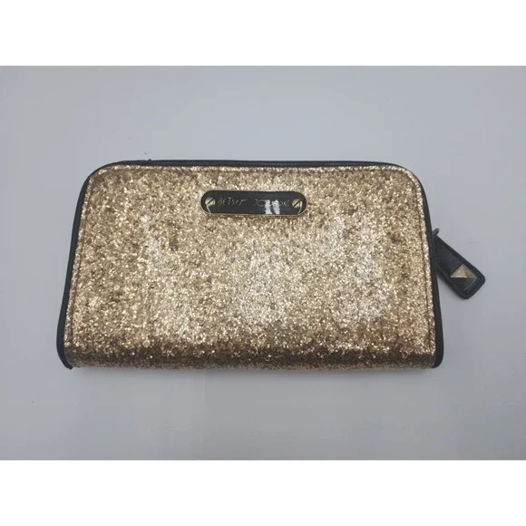 BETSEY‎ JOHNSON GOLD GLITTER SPARKLE WALLET ZIP UP
