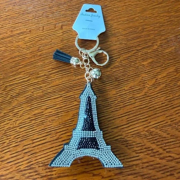 Black & silver rhinestone Eiffel Tower keychain purse bag accessory