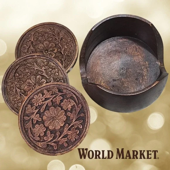 World Market Hand Carved Floral Wood Coasters Brown OS
