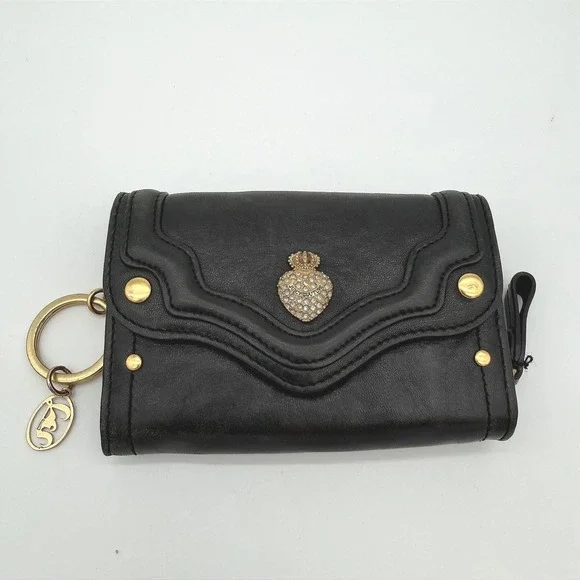 Juicy Couture McBling Y2K Black Leather Rhinestone Crown Heart Key Ring Wallet