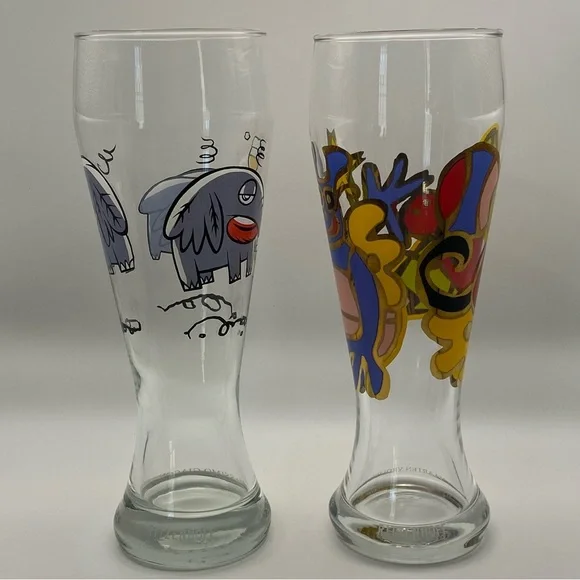 Vintage Ritzenhoff Pilsner Beer Glasses Artist Maarten Vrolijk Surfer & Elephant