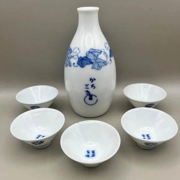 Japanese Sake Set White Blue Porcelain Tokkuri Carafe 5 Ochoko Cups Ivy As Is