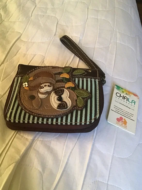 Chala Brown Sloth Wristlet with Mint and Dark Brown Stripes