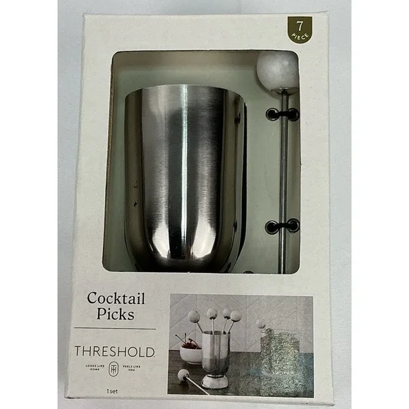 Threshold Cocktail Picks Set 7 Pc Stainless Steel‎ Holder Bar Tool New