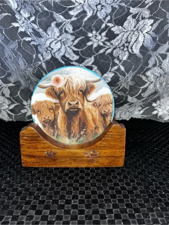 Highland Cow Ceramic Coaster Set with Wooden Holder - Brown and Blue Accent