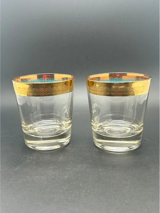 Vintage MCM Whiskey/Cocktail Glasses with Gold Overlay and Turquoise