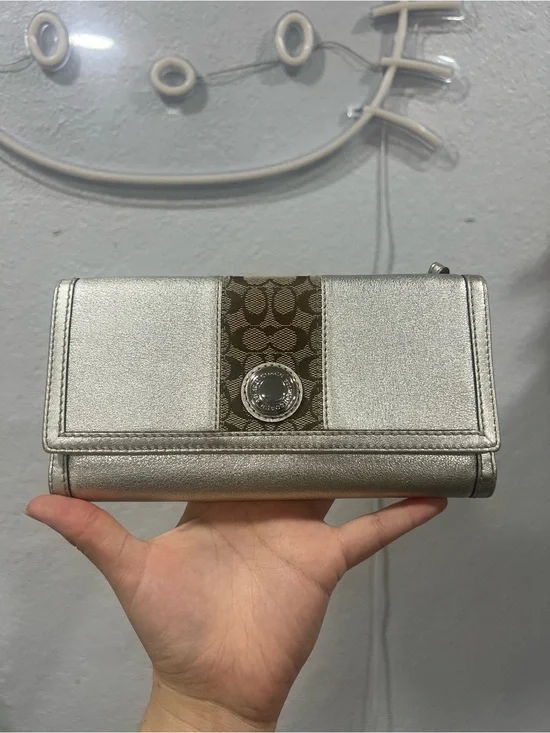 Coach Silver and Jacquard Wallet with Silver Cap and Tattersall Lining