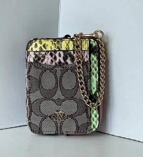Coach CEC52 Zip Card Case Signature Jacquard ID Wallet Chain Strap