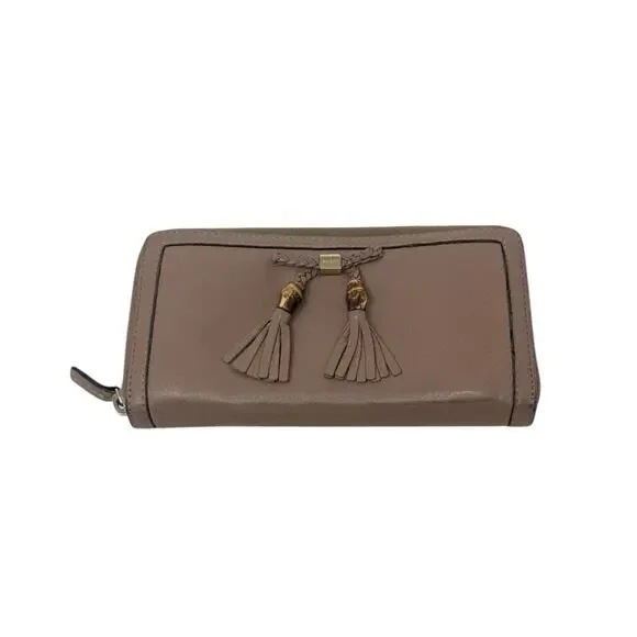 Gucci Leather Bamboo Tassel Bow Zip Brown Taupe Beige Continental Wallet