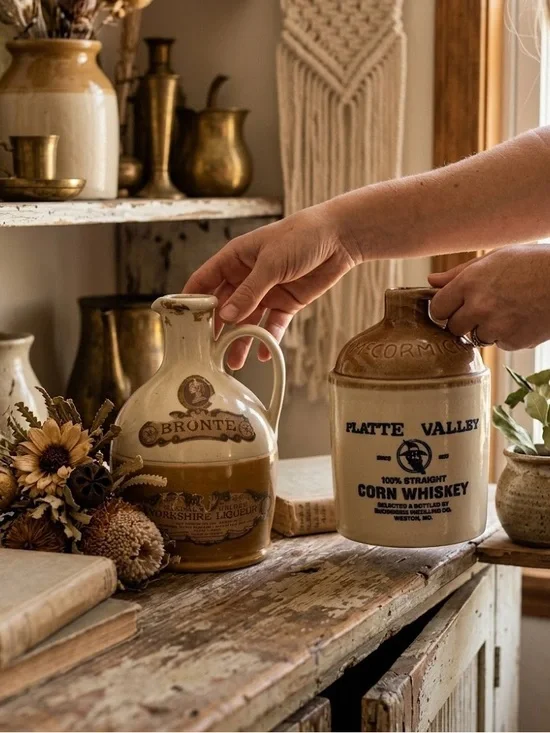 2 Vintage Whiskey Jugs Bronte McCormick Platte Valley Stoneware Boho Home Decor