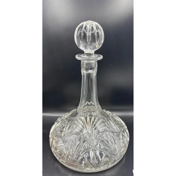 Vintage Glass Ships Decanter‎ with Faceted Ball Stopper 11 Inch Clear Glass