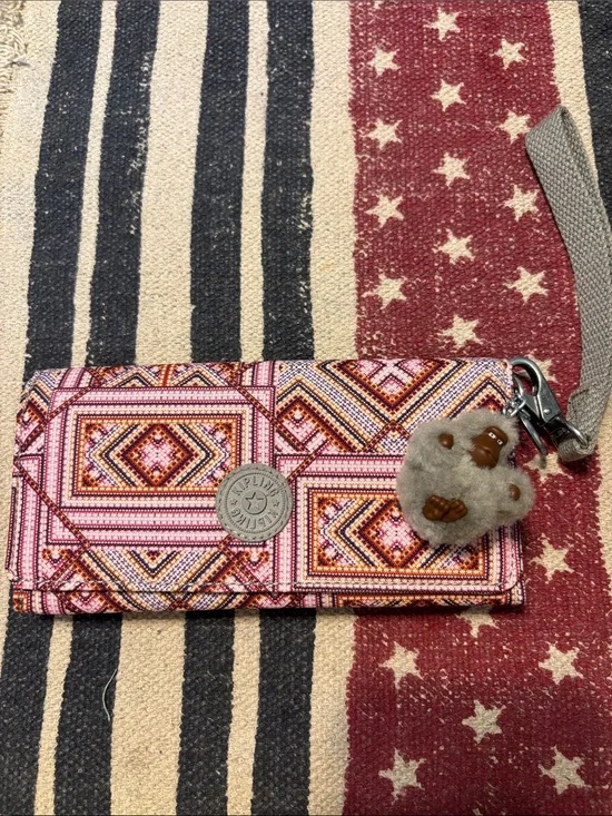 Kipling Pink and Orange Geometric Wristlet Wallet with Monkey Charm