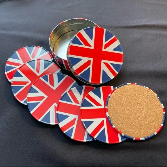 Vintage Union Jack Tin Coaster Set in Matching Tin Cork Base Bar Set