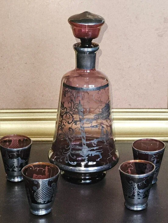 Vintage Murano Style Amethyst Silver Overlay Venetian Glass Decantet W/4 Glasses