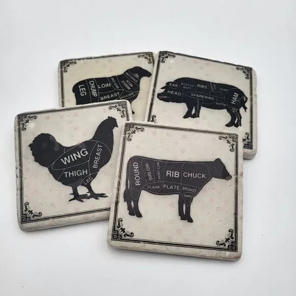 Set of 4 Farm Animal Meat‎ Cuts Ceramic Coasters Cork Backing