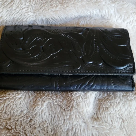 Patricia Nash Black Tooled Leather Fold-Over Wallet