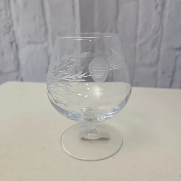 Vintage Hand Etched Scottish Thistle Crystal Brandy Glass