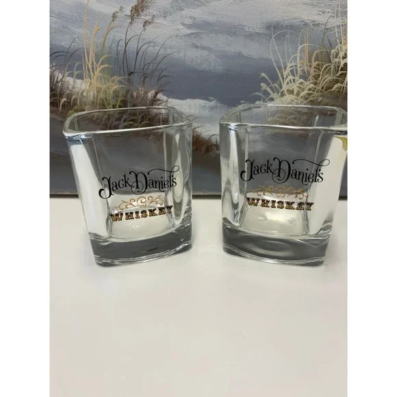 Jack Daniels Whiskey Shot Glasses‎ Set of 2 Square Tapered Clear Barware Logo