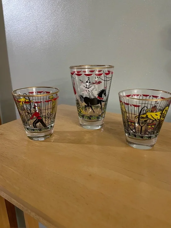 Vintage Libbey Glass Circus Beverage Barware glasses manufactured in the 1950s.