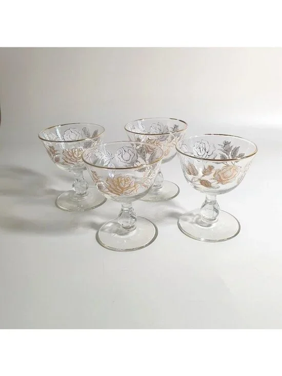 Vintage Floral Gold Trim Libbey Stemmed Glass Dessert Champagne Coupe Set of 4