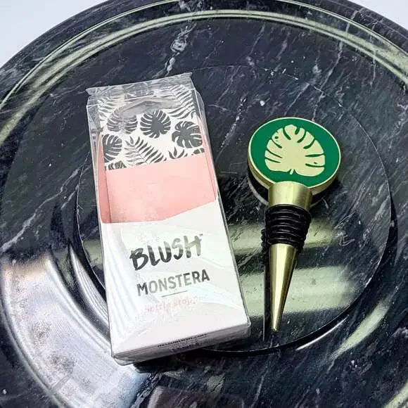 Blush Monstera Brushed Gold and Green Enamel Bottle Stopper