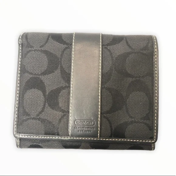 Coach black signature stripe compact wallet