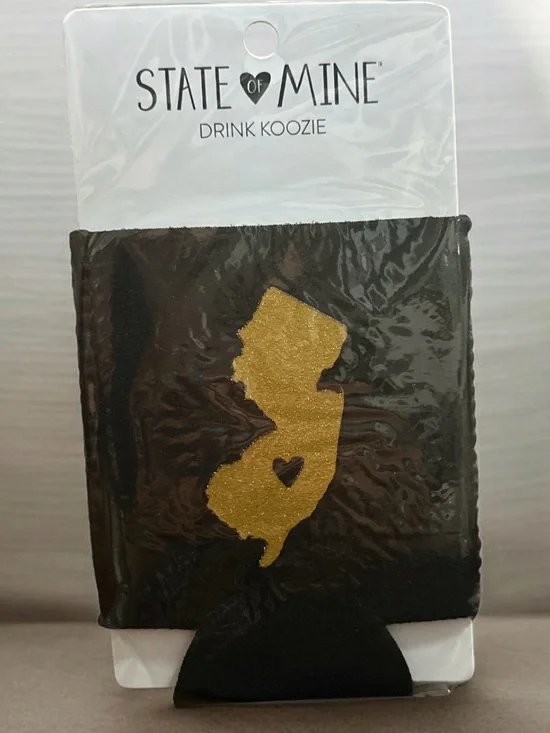 State of Mine Black Drink Koozie with Gold New Jersey Silhouette 1483
