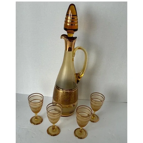 Bohemia‎ Crystal Vintage Amber Glass Decanter Set Gold Encrusted Floral 5pc MCM