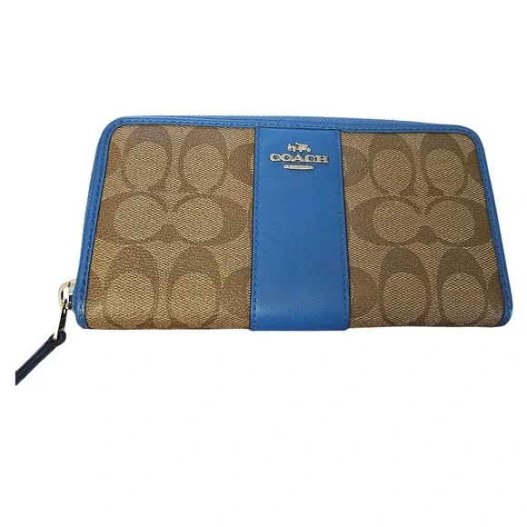 Coach Signature Canvas Varsity Stripe Accordion Zip Wallet‎ Khaki Blue F54630