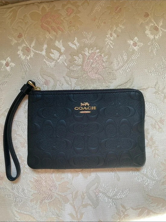 Coach Black Embossed Signature Wristlet with Gold Hardware