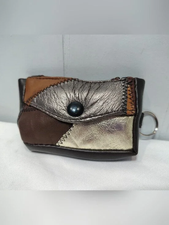 Vintage Brown Patchwork Leather Key Ring Wallet Coin Pouch Zig Zag Stitch