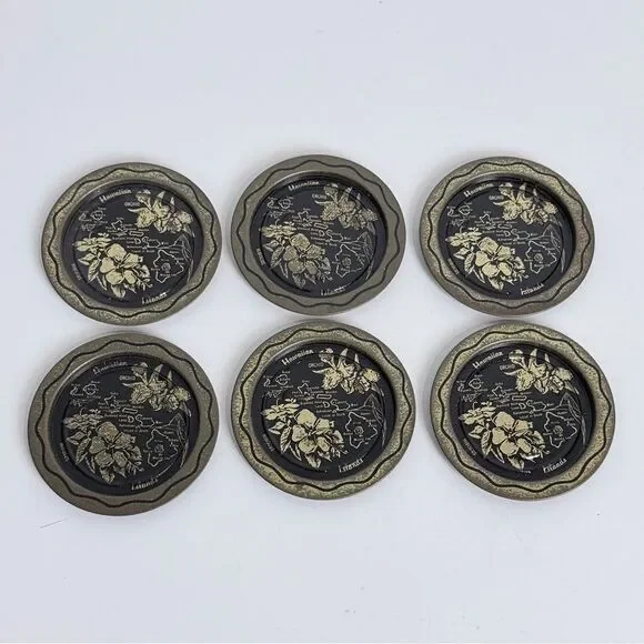 Set of 6 Vintage Aluminum Hawaii Souvenir Coaster Set