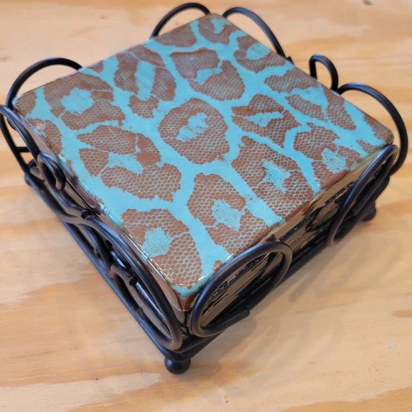 Animal Print Set of 4 Ceramic Coaster Square Tiles w/Footed‎ Stand Multicolor