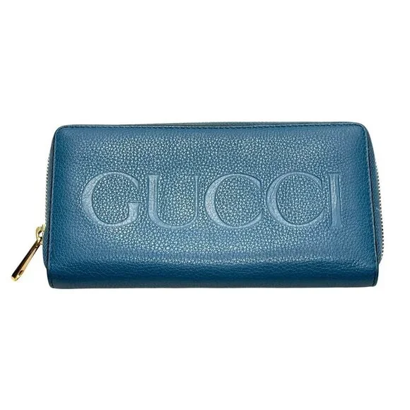 Gucci Blue Leather Zip-Around Wallet  Embossed Logo Authentic