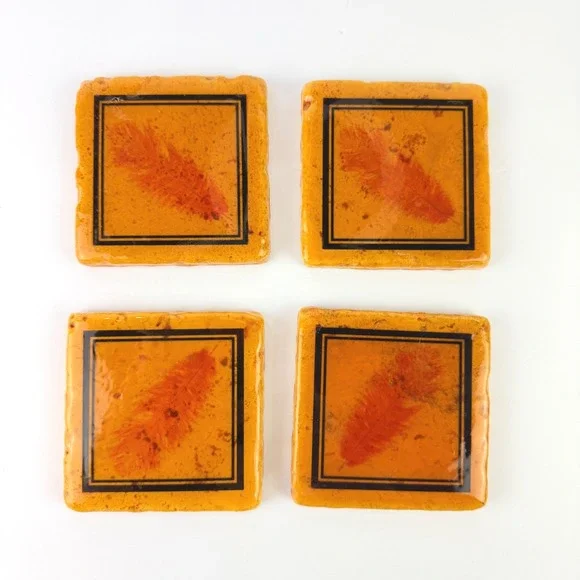 ARTISTIC Coasters Set of 4 Orange Feather Ceramic Stone Heavyweight UNIQUE