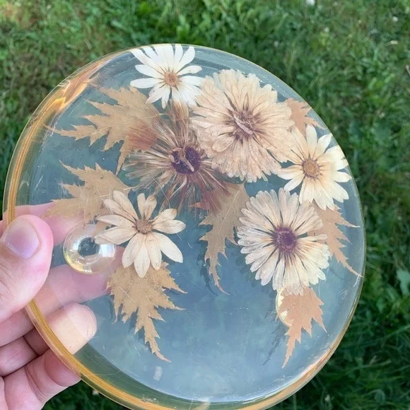 Vintage  Acrylic Lucite Dried Flowers Trivet Hot Pad