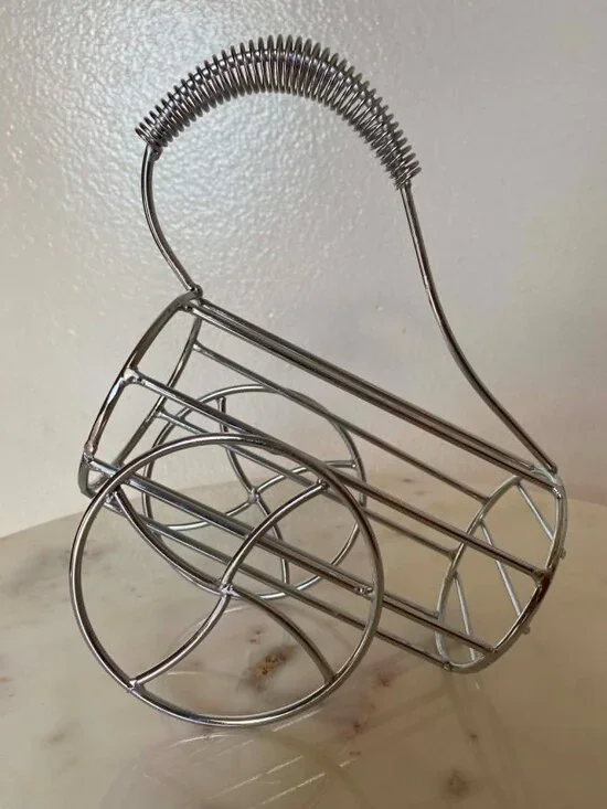 Chrome WINE BOTTLE CARRYING CADDY Metal Holder Rack Spring Coil Handles Cart