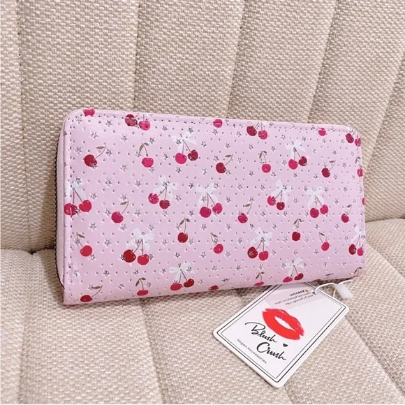Blush Crush Pink Cherry Star‎ Print Vegan Leather Zip Around Continental Wallet