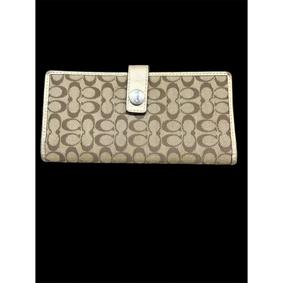 Coach Signature Jacquard Slim Checkbook Wallet Metallic Champagne‎ Leather Trim