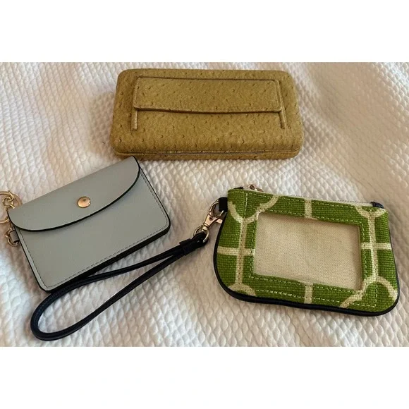 Lot of 3 Wallets Ostrich Embossed Clutch Card Holder and Green ID Wristlet