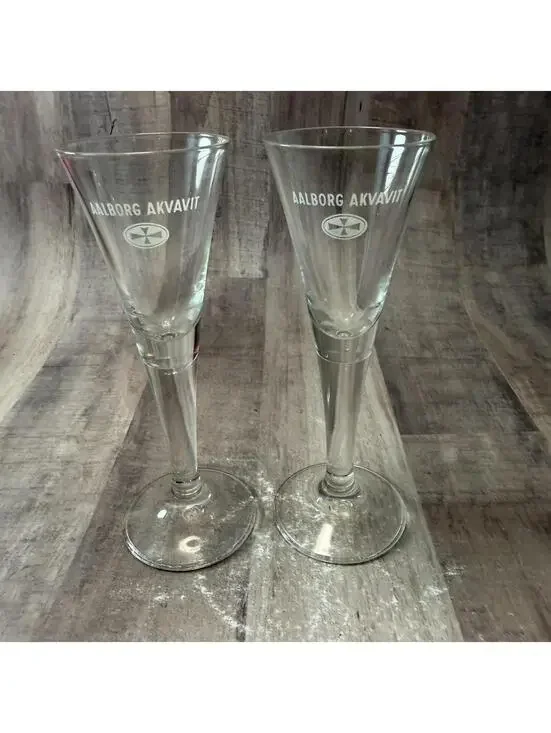 Vintage Set of 2 Aalborg Akvavit Danish Cordial Shot Glasses Dessert Wine Schnap