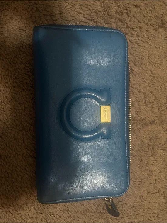 Salvatore Ferragamo Blue Zip-Around Wallet with Signature 'Gancio' Emblem