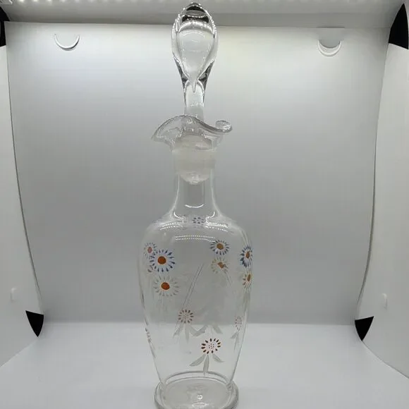 Vintage Handpainted  Floral Clear Glass Decanter Set w/ Lid/Stopper, 2pc